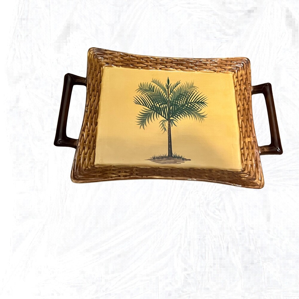 Vintage Pacific Rim Palm Tree Ceramic Serving Tray Tropical Handle Platter Brown